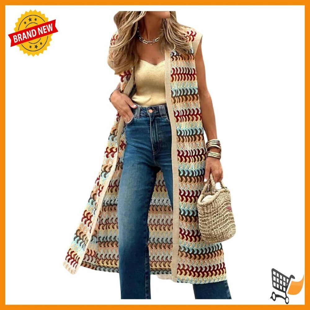 Boho Long Vest Sleeveless Cardigan Lightweight Open Front Knit